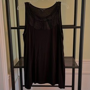 M Willi Smith black sleeveless tunic with ornate black ribbon detail at neckline